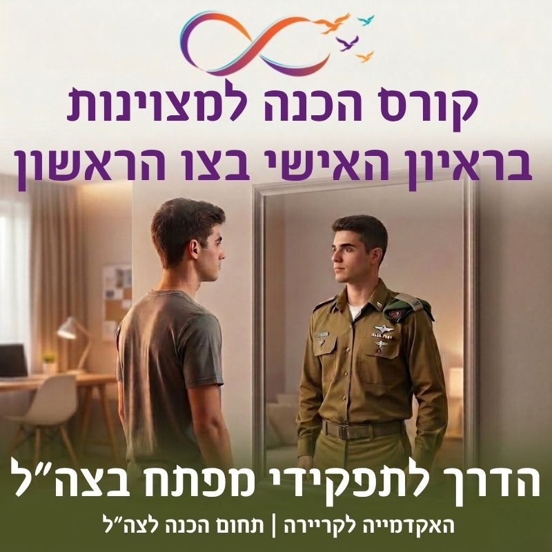 תמונת שער לקורס הכנה למצוינות בראיון האישי בצו הראשון מבית האקדמיה לקריירה. בתמונה נראה נער בלבוש אזרחי מביט במראה, ובהשתקפותו הוא רואה את עצמו כקצין צה"ל על מדים. בתחתית מופיע הכיתוב: "הדרך לתפקידי מפתח בצה"ל".