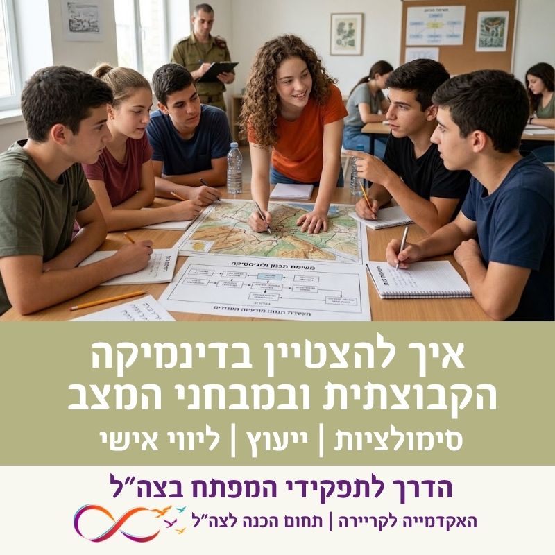 קבוצת צעירים דנה במשימה משותפת סביב שולחן עם מפות ותרשימים בזמן שחייל צה"ל בוחן אותם ברקע - קורס הכנה לדינמיקה קבוצתית ומבחני מצב של האקדמיה לקריירה.