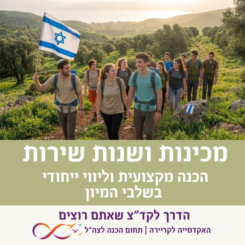 קבוצת בני נוער מטיילים בטבע עם תרמילים ודגל ישראל, לצד טקסט המציע הכנה מקצועית וליווי אישי בשלבי המיון למכינות ושנות שירות.